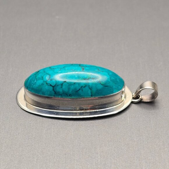 Southwestern 925 Sterling Silver Turquoise Pendant 1.75" Oval Cabochon 9.54g - Picture 2 of 8